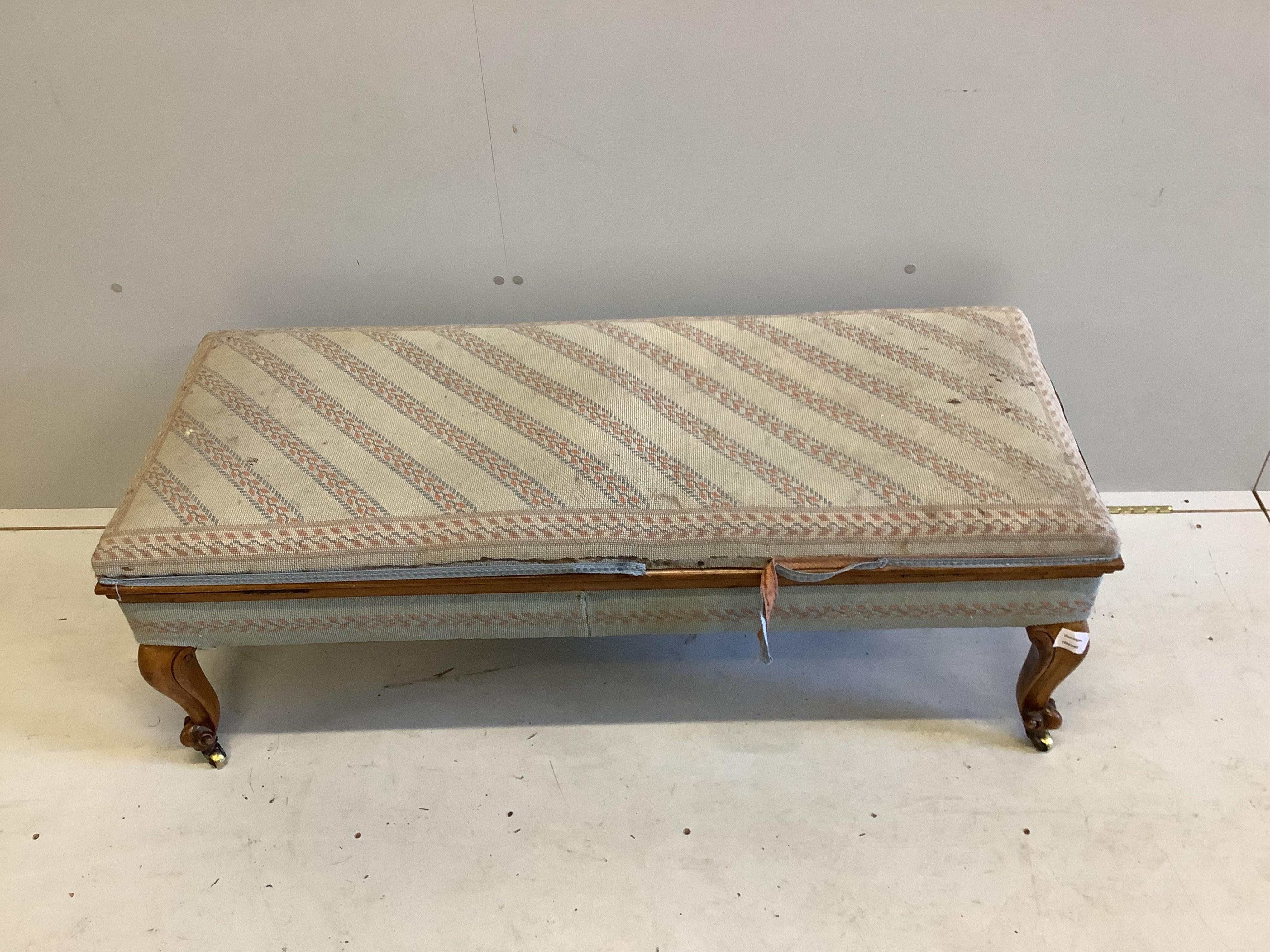 A Victorian rosewood rectangular box seat long stool, width 120cm, depth 48cm, height 44cm. Condition - poor to fair